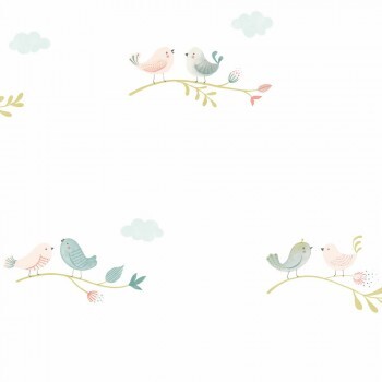 Wallpaper white non-woven birds blue pink Rose & Nino RONI85586241