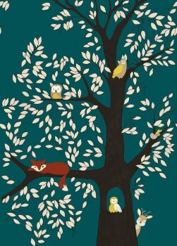 fox, owls and tree petrol blue mural Onszelf Stories Rasch 557770