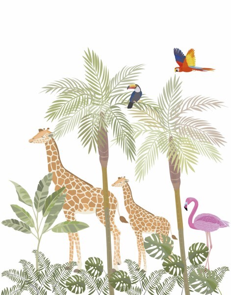 Parrot and Palm Leaves White and Colorful Mural Kids Walls 45884