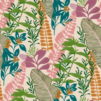 Non-woven wallpaper cream Colorful leaf motifs Smita Good Vibes