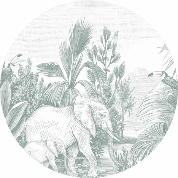 off-white green mural bird of paradise elephants Woodland Rasch Textil 159076