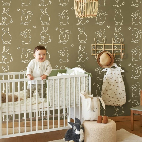 Green green non-woven wallpaper drawn rabbits Casadeco - Once upon a time OUAT88387526