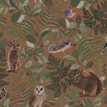 squirrel and hedgehog brown and green non-woven wallpaper Woodland Rasch Textil 139251