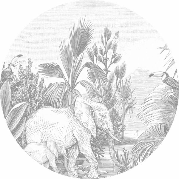 elephant family jungle murals white gray Woodland Rasch Textil 159086