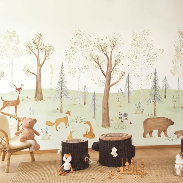 Wandbild 4,00 x 3,10 m Waldtiere Reh Füchse Bären pastellfarben