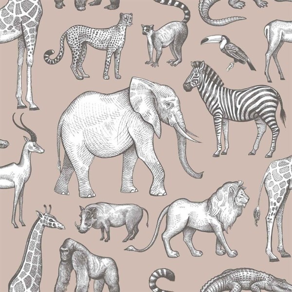 Sand colored and gray non-woven wallpaper lions and zebras Woodland Rasch Textil 139271