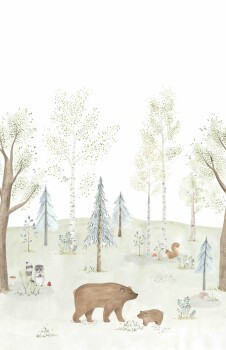Wandbild 2,00 x 3,10 m Wald Bäume Bären Eichhörnchen Waschbär pastellfarben