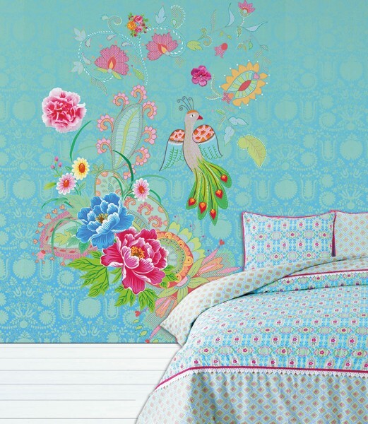 Wandbild Muster Blumen Vogel Blau