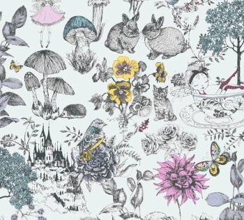 white and colorful non-woven wallpaper animals and flowers Little Love AS Creation 381201