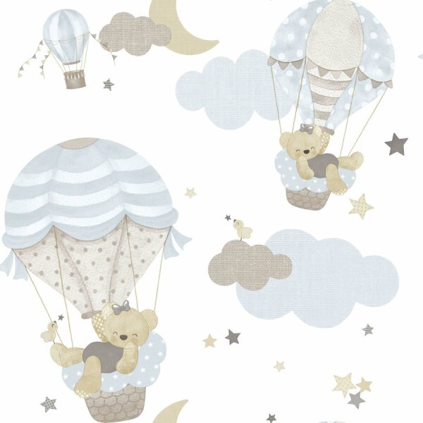 non-woven wallpaper bear hot air balloon sky blue white 014816