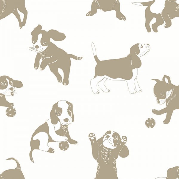 Wallpaper non-woven dogs gold white