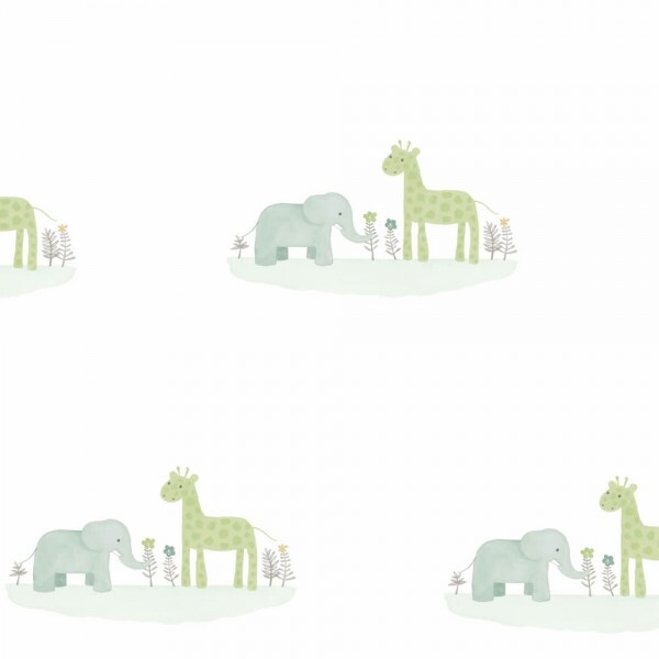 Wallpaper non-woven white green giraffes and elephants Rose & Nino RONI85536132