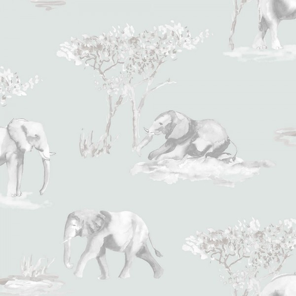 Wallpaper non-woven mint green elephants
