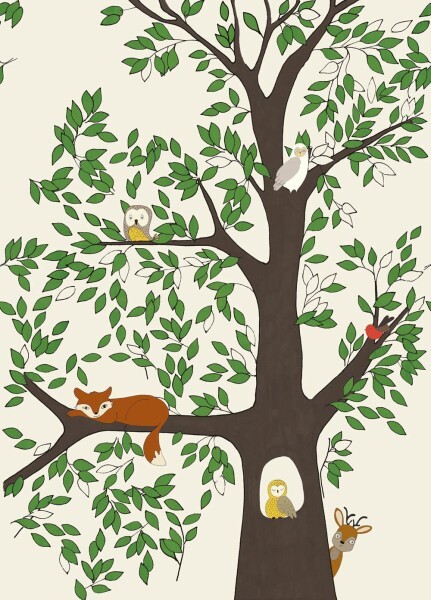 Wandbild Baum Waldtiere Fuchs Reh Vögel Blätter beige 557756