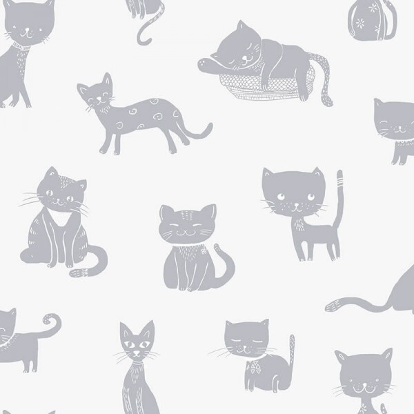 Wallpaper cats non-woven white silver