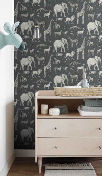 giraffes zebras monkeys non-woven wallpaper dark blue and gray Woodland Rasch Textil 039272
