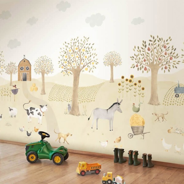 Wandbild 4,00 x 3,10 m pastellfarben Bauernhof Kuh Esel Hühner Traktor Wiese Obstbäume
