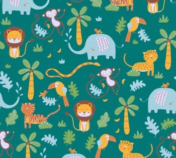 elephants, lions and monkeys non-woven wallpaper green Little Love AS Creation 381151