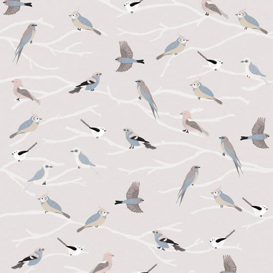 Mural branches birds bright grey