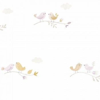 Non-woven wallpaper branches white yellow purple little birds Rose & Nino RONI85585235