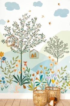 mural flower meadow mountains trees landscape white LGG104460743