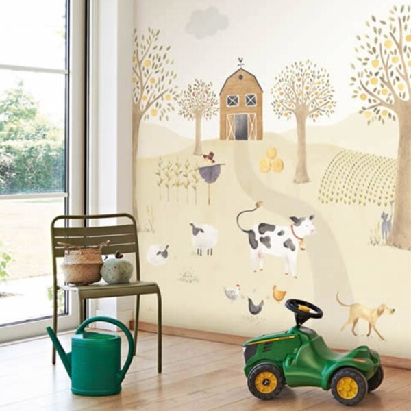 Wandbild 2,00 x 3,10 m Bauernhof Bauernhoftiere Kühe Schafe Hühner pastellfarben