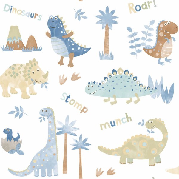 palm trees and baby dinos dinosaurs wallpaper white and blue Tiny Tots 2 Essener G78363
