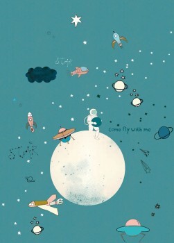 Planets, rockets and astronaut petrol blue mural Onszelf Stories Rasch 557442