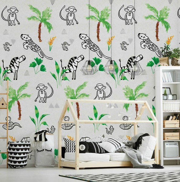Wandbild Hell-Grau Grün Tiere Palmen
