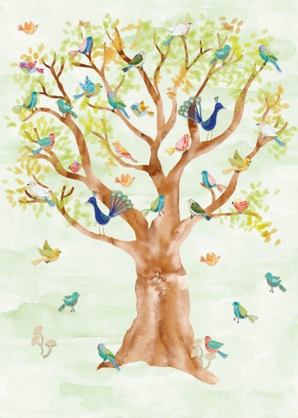 Mural tree birds green non-woven