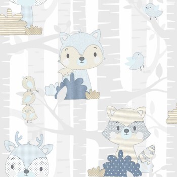süße Tiere Vögel und Bäume Tapete weiß und blau Mondobaby Rasch Textil 113011